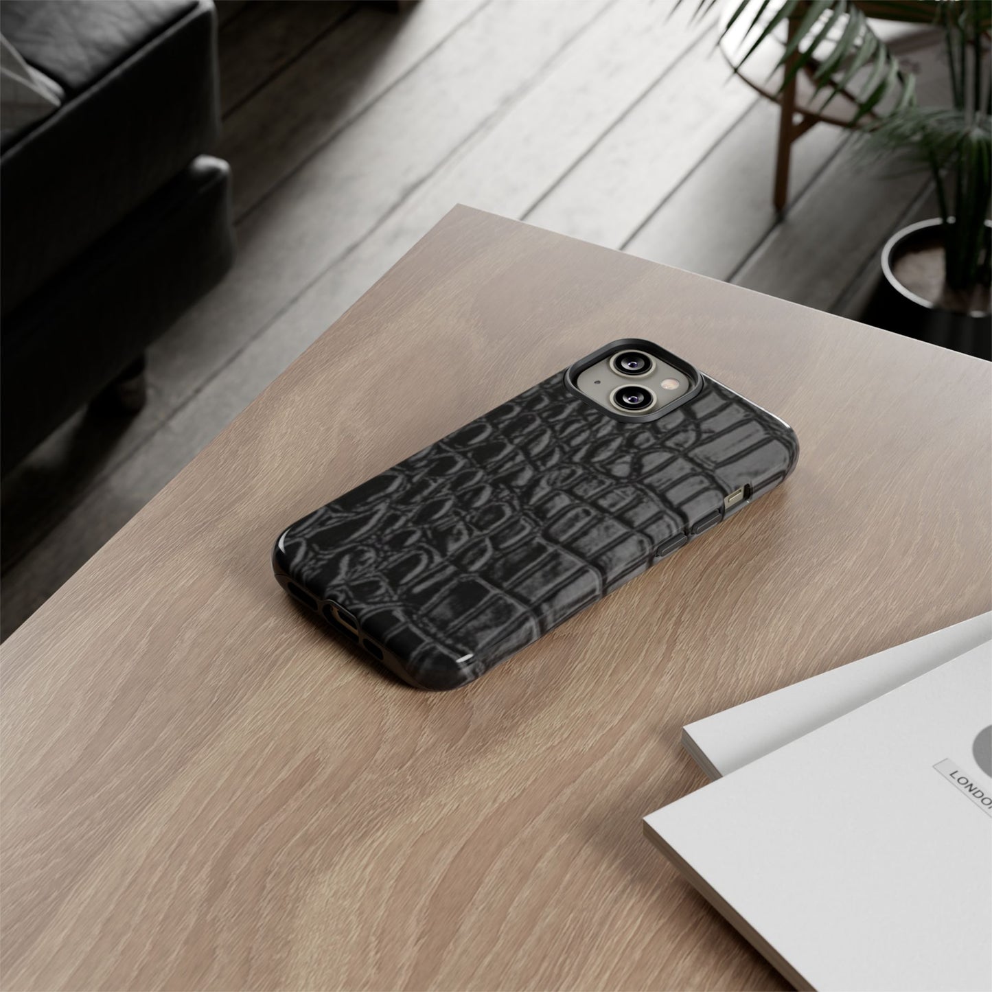Sleek Crocodile skin print Phone Case, Tough Phone Cover, Animal Print Cases, Stylish Protective Cases, Gift for Him/Her, Black Leather Style