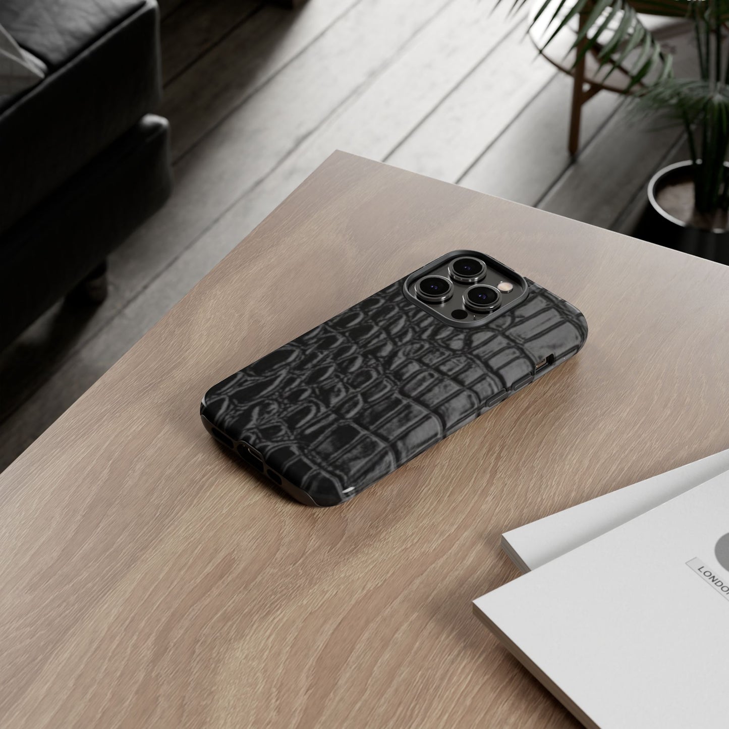 Sleek Crocodile skin print Phone Case, Tough Phone Cover, Animal Print Cases, Stylish Protective Cases, Gift for Him/Her, Black Leather Style