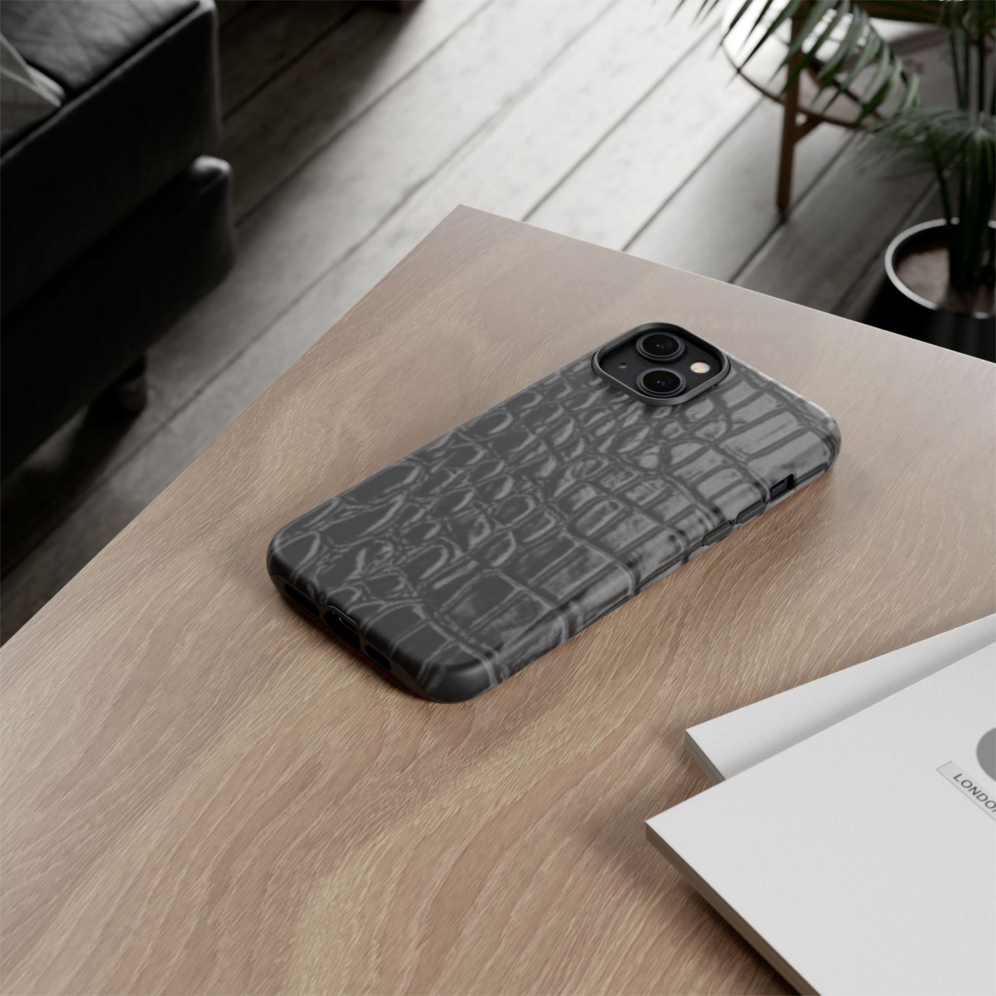 Sleek Crocodile skin print Phone Case, Tough Phone Cover, Animal Print Cases, Stylish Protective Cases, Gift for Him/Her, Black Leather Style