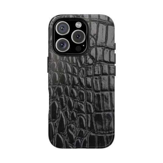 Sleek Crocodile skin print Phone Case, Tough Phone Cover, Animal Print Cases, Stylish Protective Cases, Gift for Him/Her, Black Leather Style